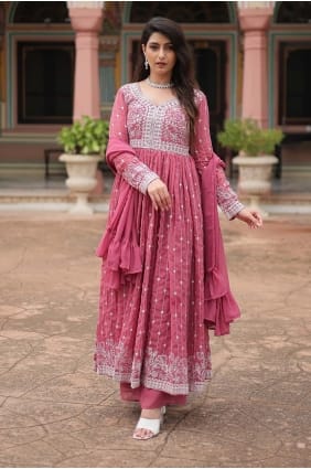 Ensemble Anarkali rose en georgette synth tique brod e avec dupatta AS4244