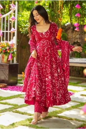 Ensemble Anarkali rose imprimé en rayonne avec dupatta AS4336