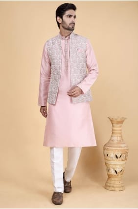 Kurta rose pour hommes avec soie Banarasi brodée KURR229