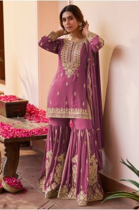 Ensemble Sharara rose en mousseline de soie Chinon avec broderies SS1364