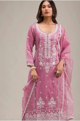 tailleur pantalon droit brodé en coton rose avec dupatta SK155272