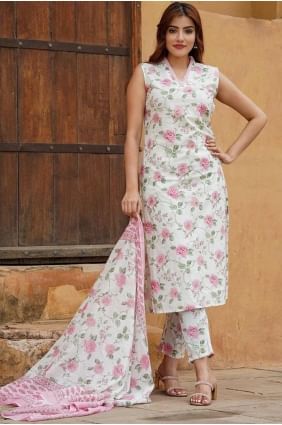 tailleur pantalon droit en coton rose imprimé avec dupatta SK155385