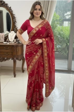 Sari rose en georgette imprimée numérique SR29268