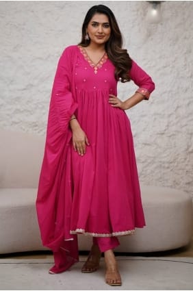Ensemble Anarkali pour l'Aïd en soie rose avec broderies AS4181