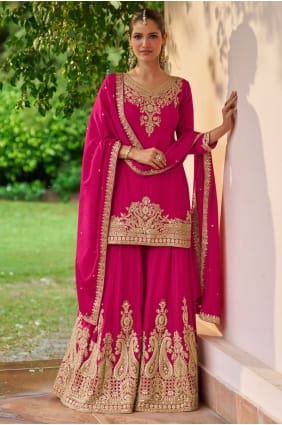 Ensemble palazzo Eid en mousseline de soie rose avec broderies PZ4312