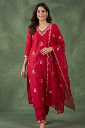 Salwar Kameez brodé en mélange de coton rose SK155951