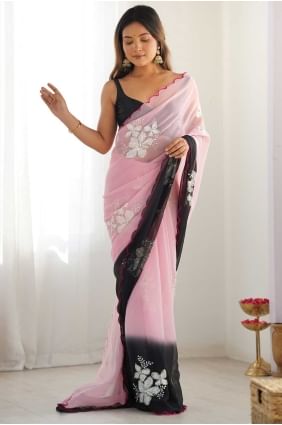 Sari en georgette rose avec broderie SR28700