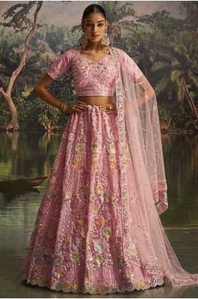Lehenga choli rose en filet doux avec broderies riches LC8695