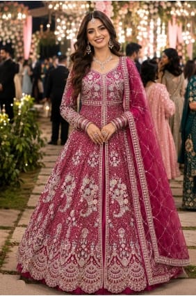 Ensemble Anarkali rose en filet brodé avec dupatta AS4355