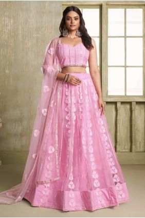 Lehenga choli brodé en filet rose avec dupatta LC8686