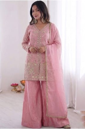 Ensemble palazzo en satin brodé rose PZ4515