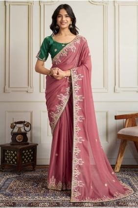 Sari en georgette brodée rose SR28925
