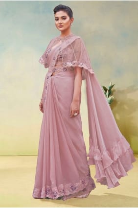 Sari en soie rose brodé SR29184