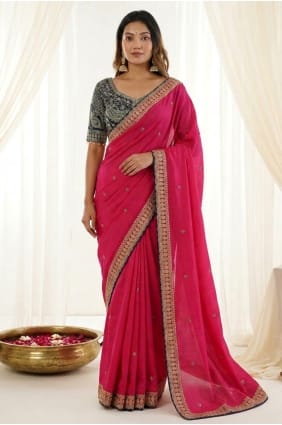 Sari rose en soie brodée avec chemisier assorti SR30141