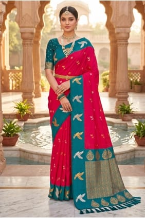 Sari rose en soie brodée SR30207