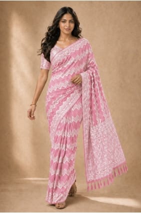Sari rose imprimé numérique en georgette SR30225