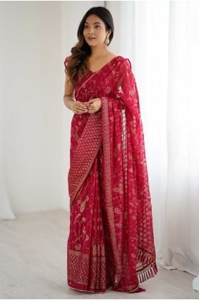 Sari en georgette avec tissage rose SR28847