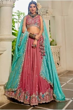 Lehenga Choli rose en satin brodé LC8487