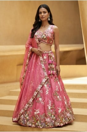 Lehenga Choli en tissu brodé rose LC9194