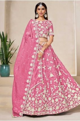 Lehenga choli en soie brodée rose LC8558