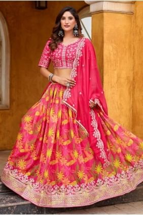 Ensemble Lehenga Choli en soie rose imprimée LC8683