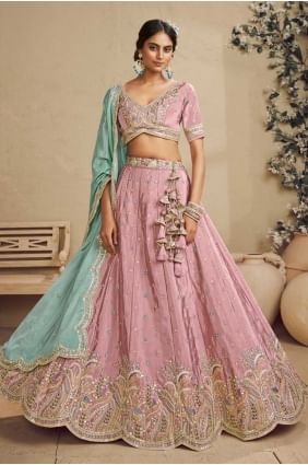 Tissage Lehenga Choli en satin rose LC8621