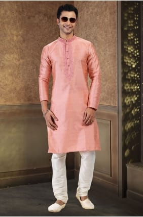 Kurta brodée pour homme en jacquard rose KURR611