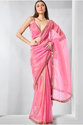 Sari en dentelle rose miroir avec chemisier assorti SR29824