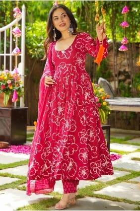 Ensemble Anarkali rose avec mousseline imprimée numériquement AS4152