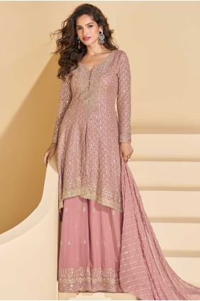 Costume Palazzo en Georgette avec broderies en rose PZ4186