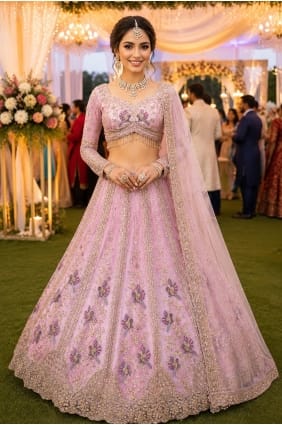 Lehenga Choli de fête brodée en tulle rose LC9068