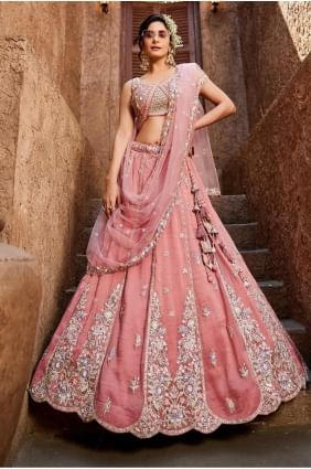 choli lehenga de fête rose avec tissu brodé LC8357