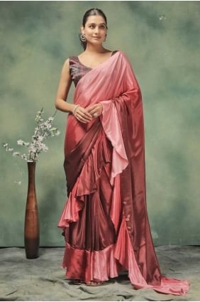 Sari imprimé en satin rose SR28731