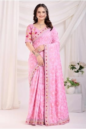 Saris imprimé rose en soie SR28177