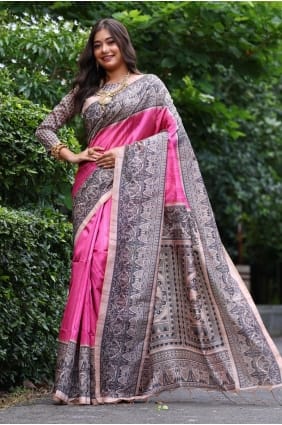 Sari en soie imprimée rose SR29622