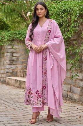 Salwar Kameez rose en soie Chanderi brodée, idéale pour l'Aïd. SK156022