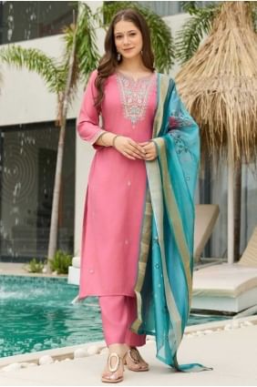 Salwar Kameez en soie artistique brodée en rose SK155768