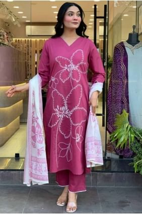 Salwar Kameez rose en Chanderi brodé SK155661