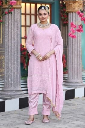 Salwar Kameez en georgette rose brodée SK155803