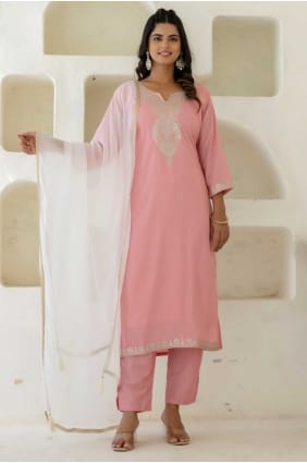 Salwar Kameez en soie brodée rose SK155711
