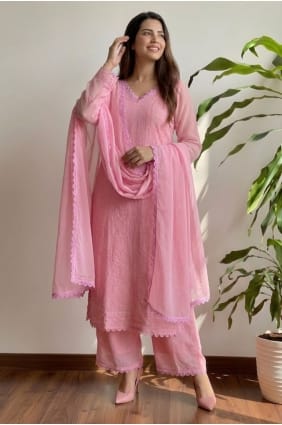 Salwar Kameez rose brodé en georgette avec dupatta SK159107