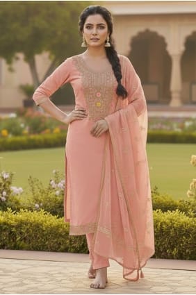 Salwar Kameez brodé rose à Chanderi SK15689