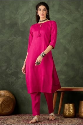 Salwar Kameez rose brodé en mélange de coton avec dupatta SK15830