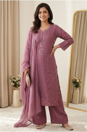 Salwar Kameez Chanderi à miroir rose avec dupatta SK159135
