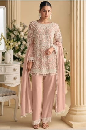 Salwar Kameez rose en georgette à sequins avec dupatta pour l'Aïd SK155983