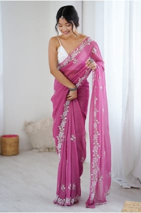 Sari en mousseline rose à paillettes pour les fêtes SR29829