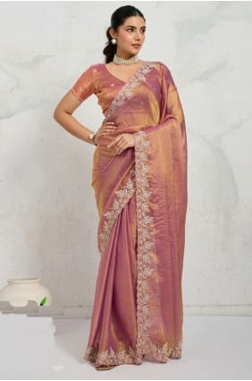 Sari en mousseline rose orné de zari et de sequins SR29717