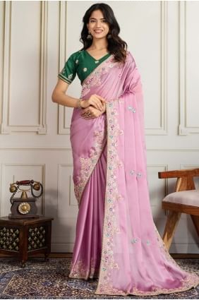 Sari en georgette brodé rose SR28927