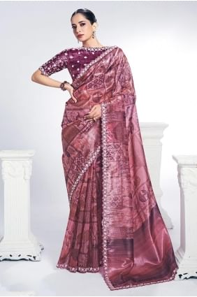 Sari en soie brodé rose SR28951