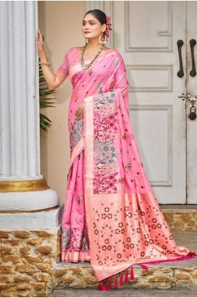 Sari en soie rose brodée au design élégant SR29839